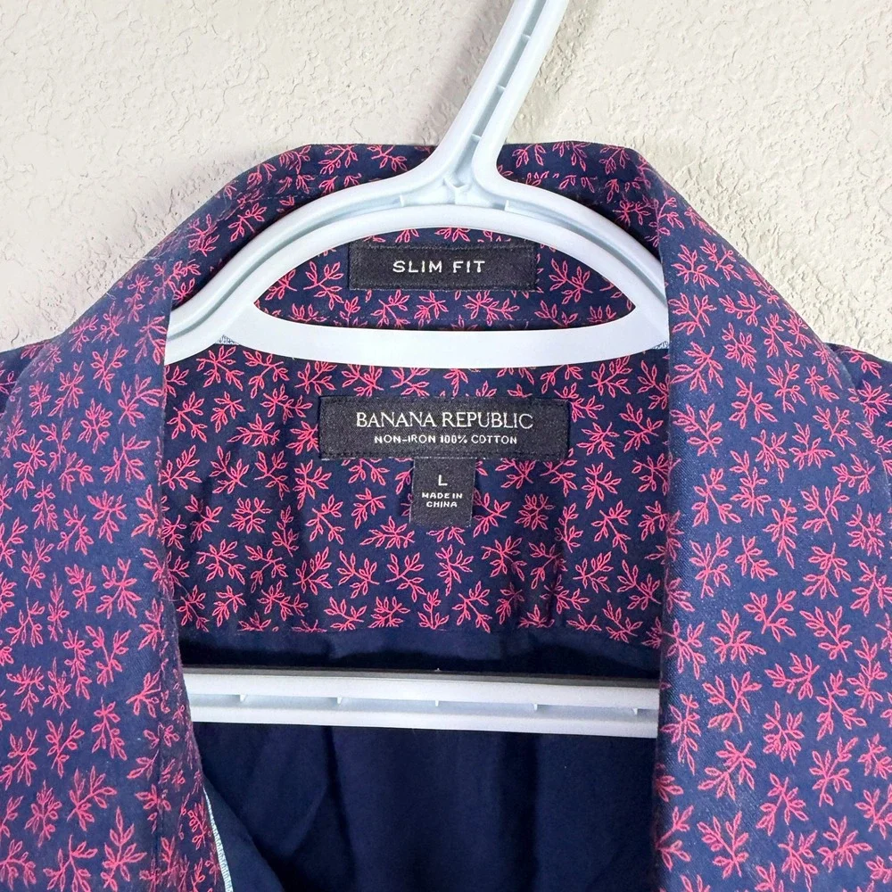 Banana Republic Button Up Shirt Mens L Blue Red Floral Slim Fit Non-Iron Cotton